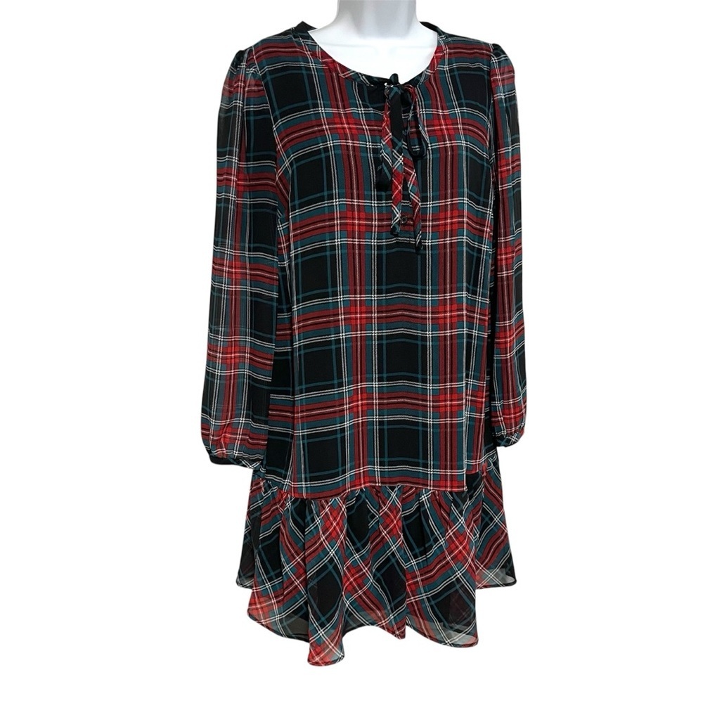 Draper James Plaid Tie-Neck Ruffle Hem Dress Size Small Tartan Buffalo check